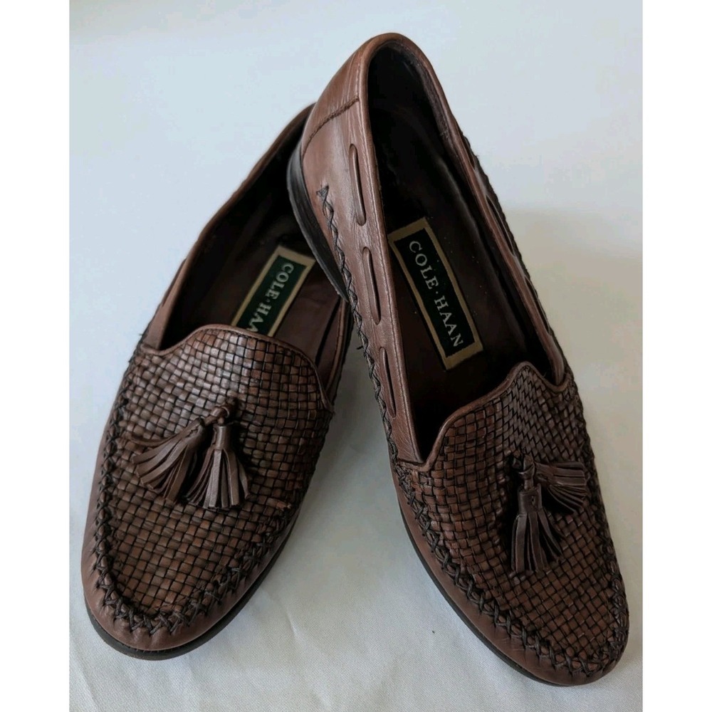 Cole Haan Woven Leather Tassel Loafers Women's Size 7.5 B Brown Flex Comfort